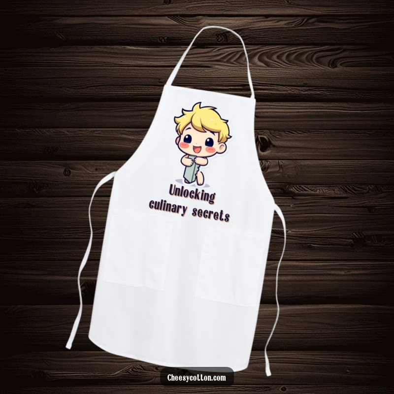 Funny kitchen apron featuring a happy key character cheerfully turning itself, adding charm and humor to cooking tasks.
