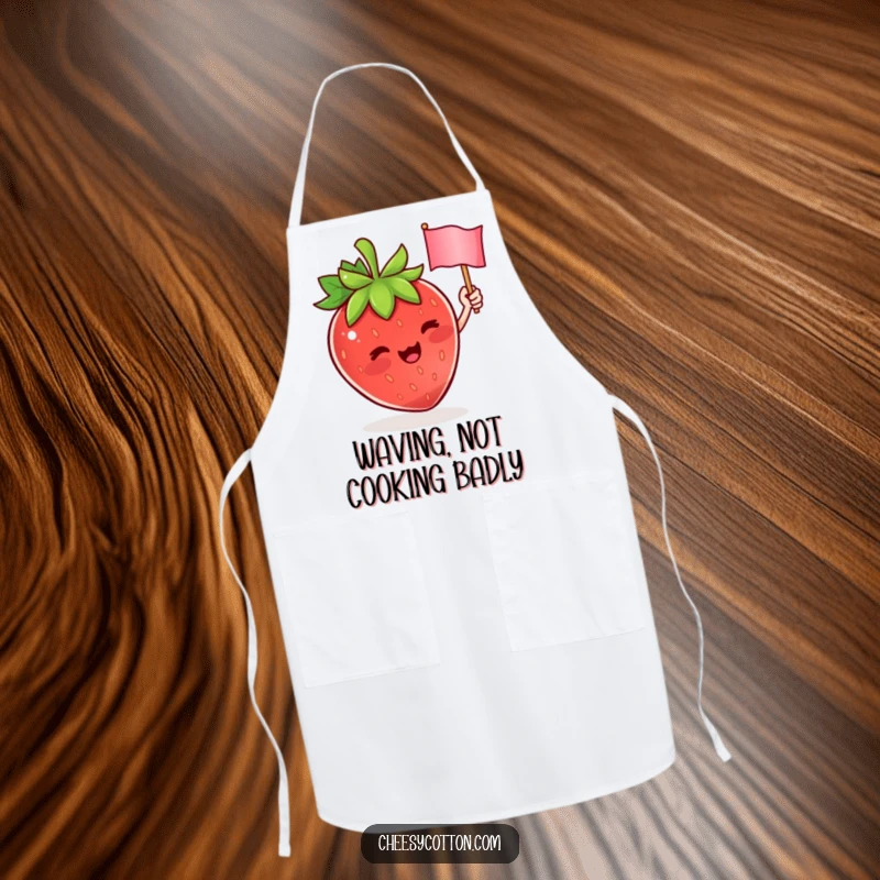 Funny apron featuring a cute strawberry character enthusiastically waving a small flag, perfect for cheerful cooking and kitchen fun.