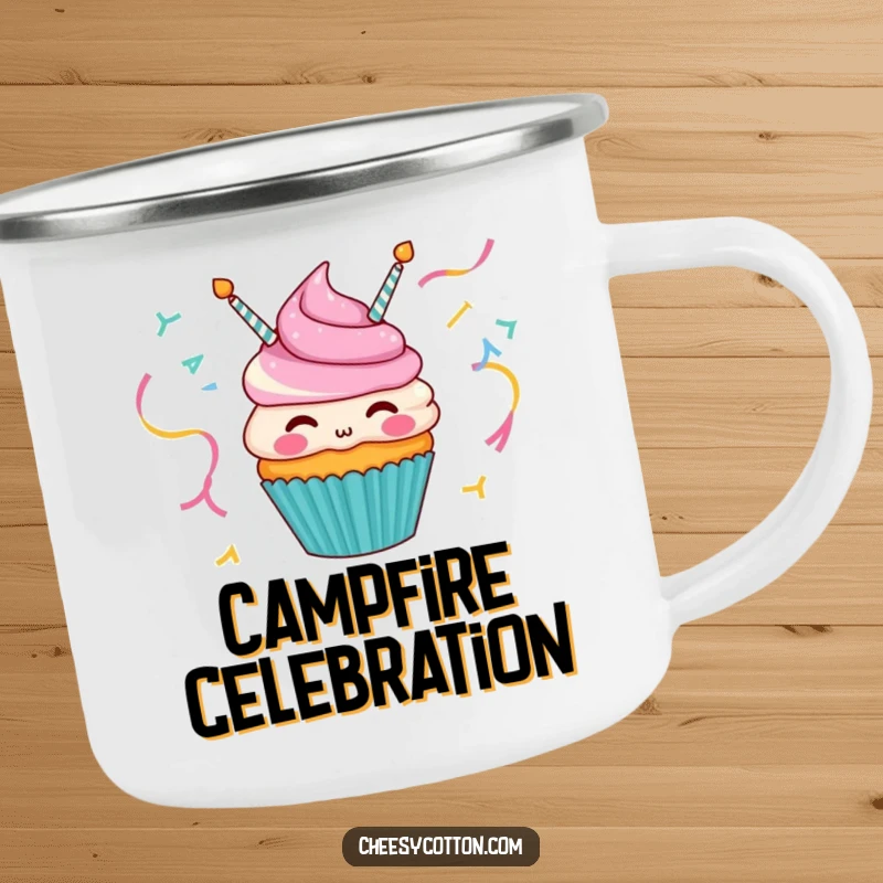 Funny camping mug with a happy cupcake character blowing party streamers, designed for outdoor enjoyment.