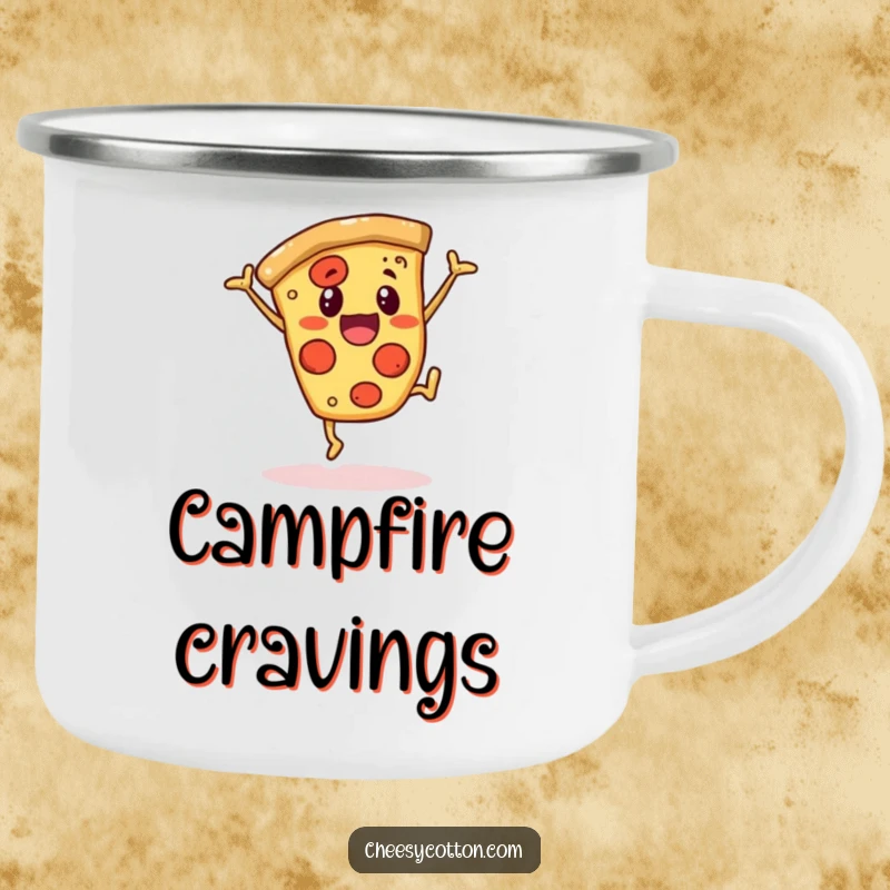 Funny enamel camping mug with a cheerful pizza slice character doing a cartwheel, perfect for outdoor use and humorous enjoyment.