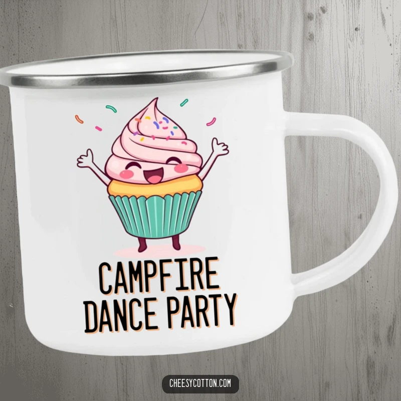 Funny camping mug with a happy cupcake dancing joyfully, surrounded by flying sprinkles, for outdoor celebrations.