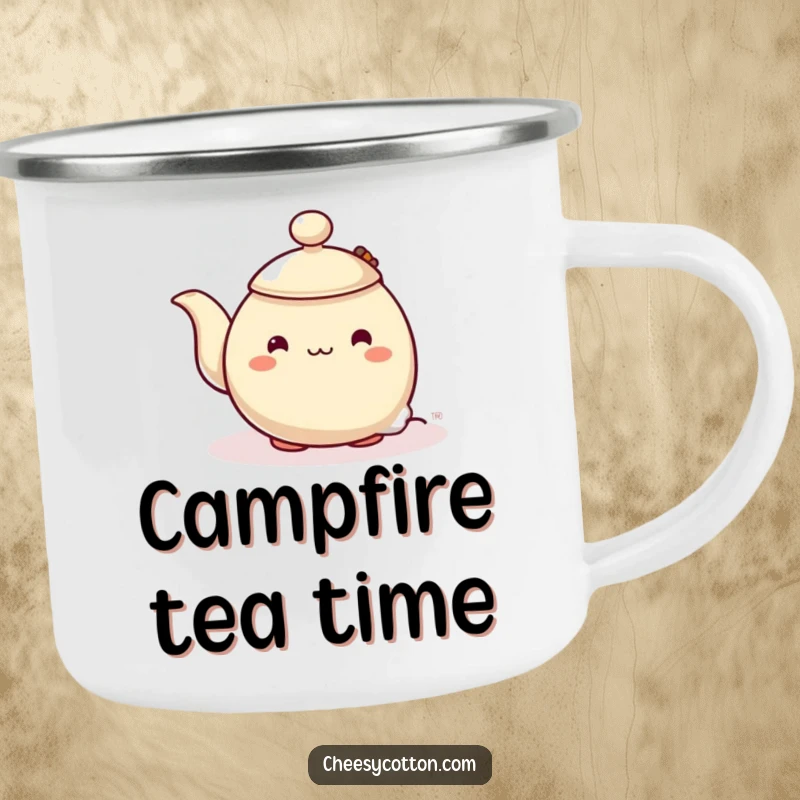 Funny camping mug with a shy teapot character comically peeking from behind a steaming teabag, built for serene adventures and gentle humor.
