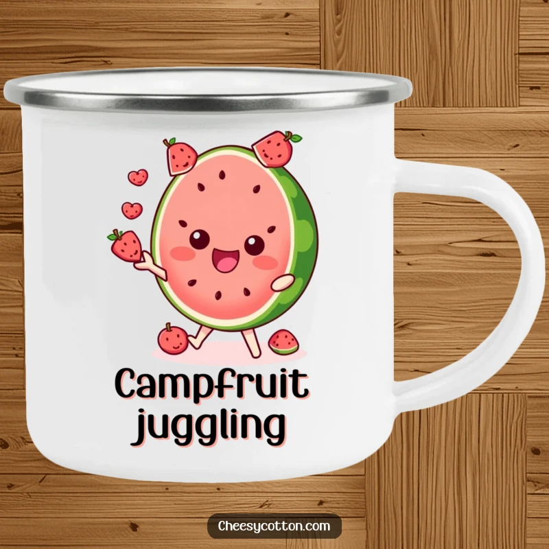 Funny camping mug with a delighted watermelon slice character juggling fruits, perfect for outdoor trips.