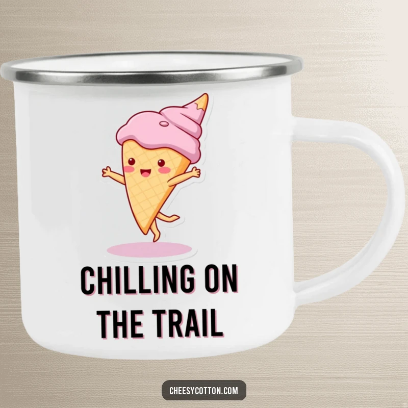 Funny camping mug featuring a cute ice cream cone character doing a cartwheel, perfect for cheerful outdoor enjoyment and sweet sips.