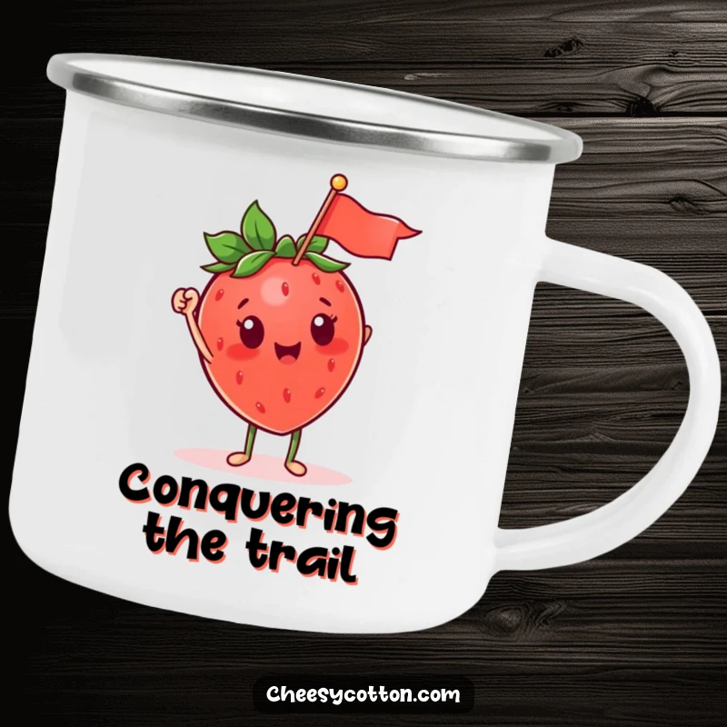 Funny strawberry character waving a tiny flag on a durable enamel camping mug, great for outdoor enthusiasts.