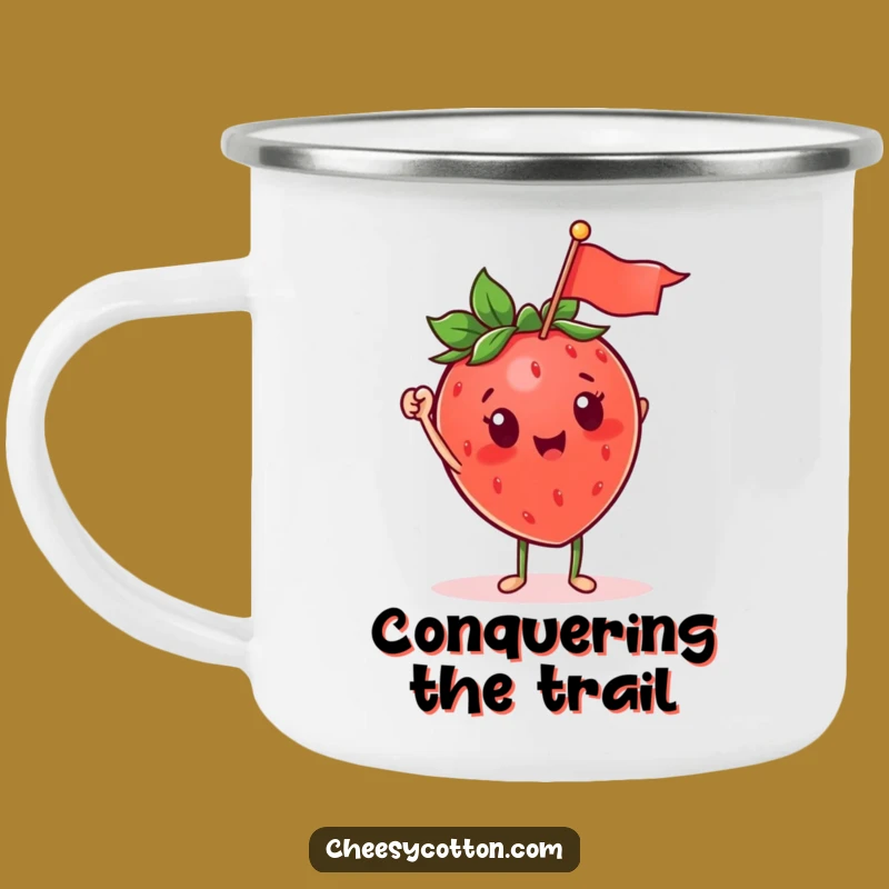 Funny Strawberry Waving Flag Enamel Mug: Cheerful Sips Outdoors!