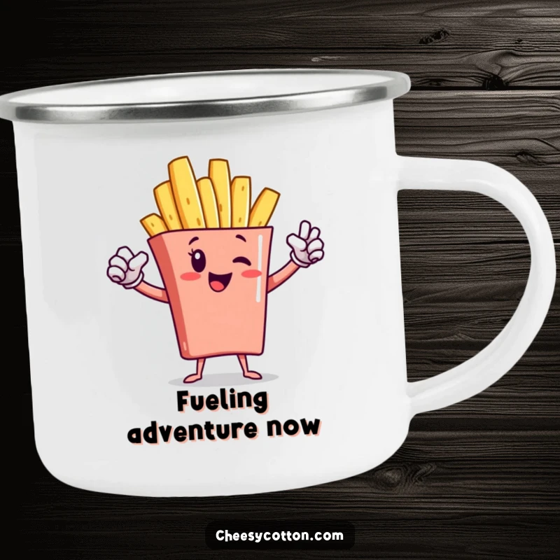 Funny french fry character striking a superhero pose on a durable enamel camping mug, ready for any mission.
