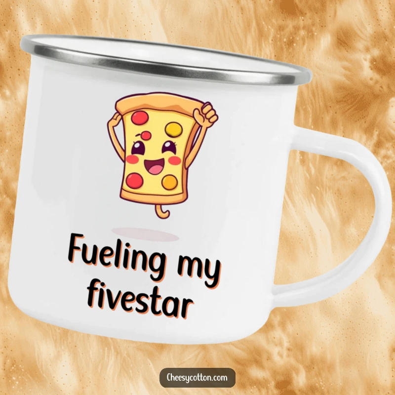 Funny camping mug featuring a smiling pizza slice character leaping for a high five, perfect for cheerful outdoor enjoyment.