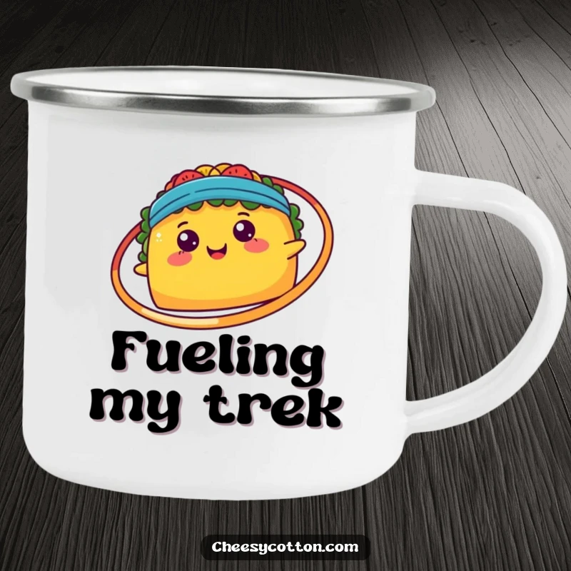 Funny happy kawaii taco spinning a hula hoop, printed on a durable enamel camping mug for outdoor enjoyment.