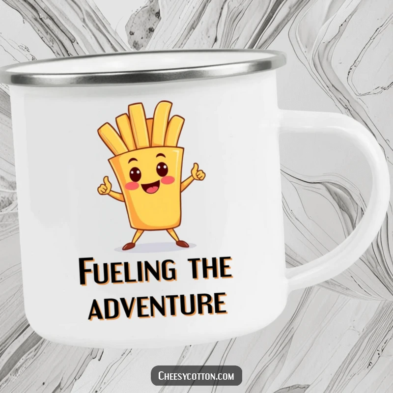 Funny camping mug featuring a happy french fry character striking a superhero pose, perfect for bold sips on adventurous trips.