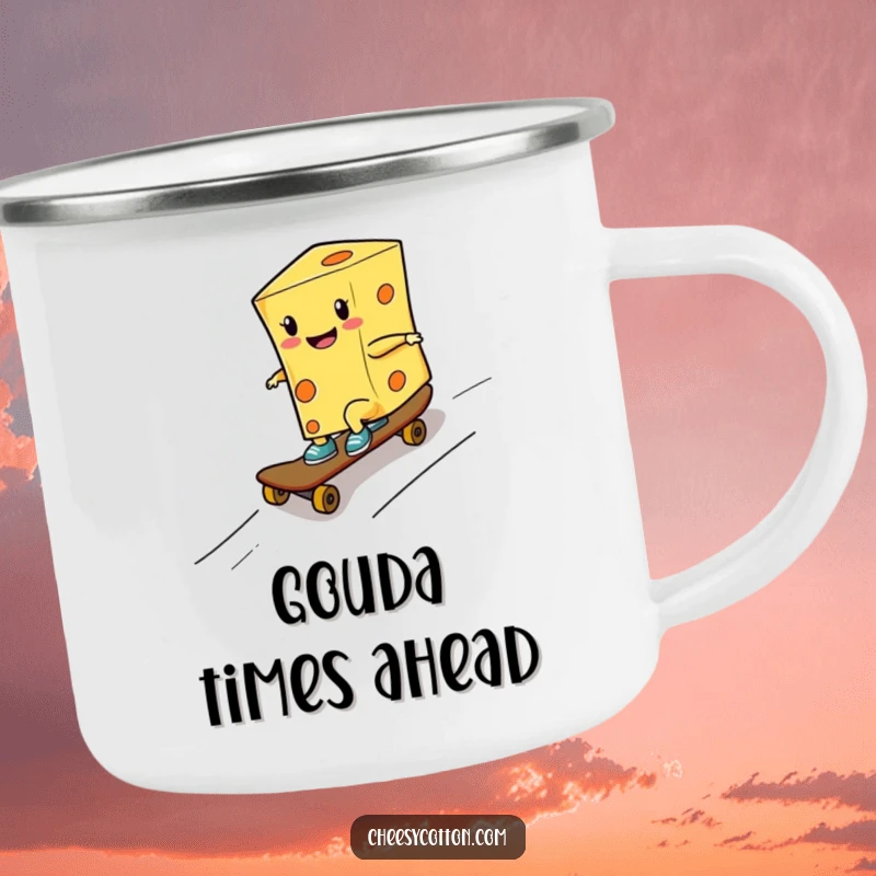 Funny camping mug showing a smiling cheese character skateboarding down a ramp, perfect for adventurous outdoor sipping.