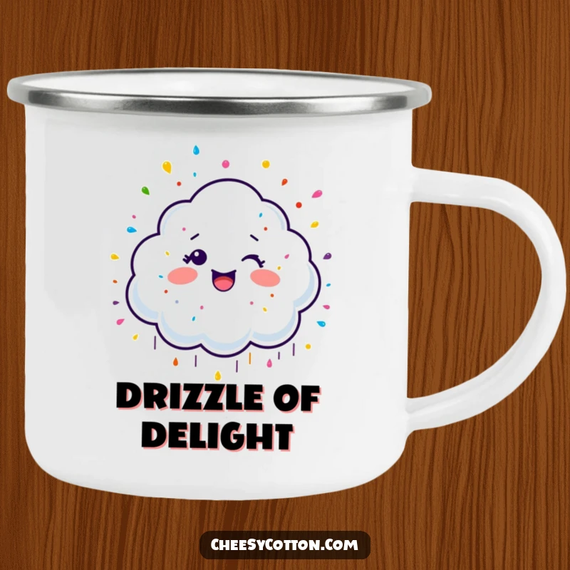 Funny Camping Mug with a giggling cloud character raining colorful sprinkles, designed for cheerful sipping during outdoor adventures.