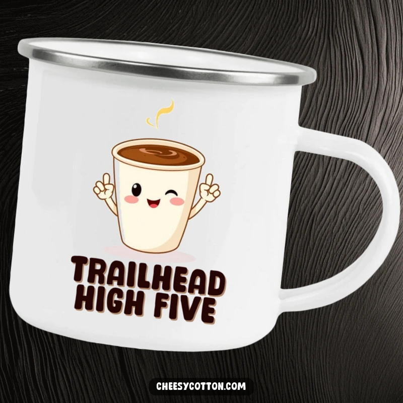 Funny camping mug with a cheerful coffee cup character doing jazz hands, ready for campfire coffee breaks.
