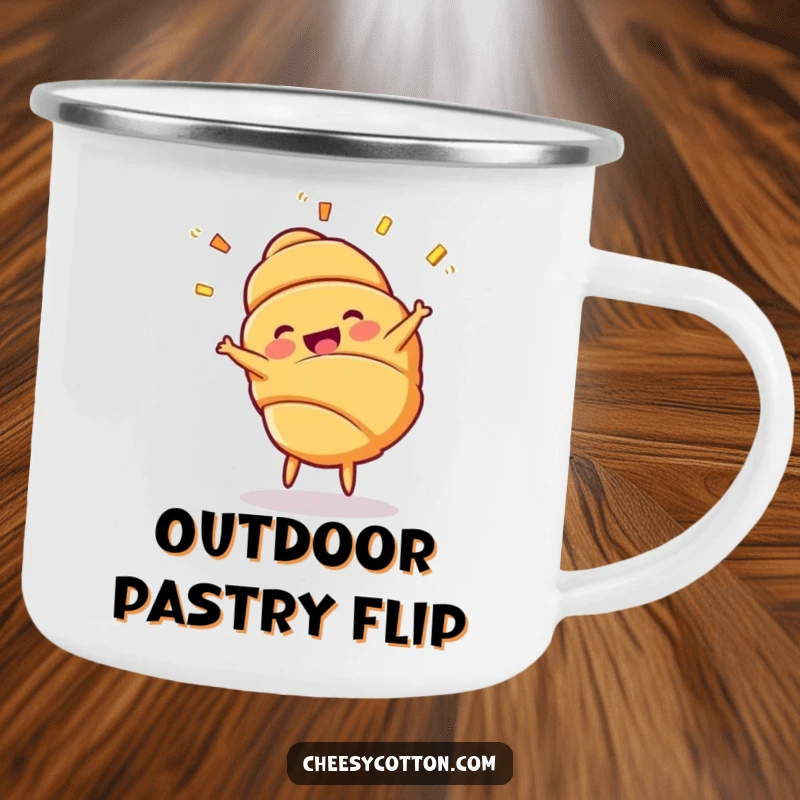 Funny Croissant Cartwheel Camping Mug: A sturdy mug featuring a cheerful croissant character doing a cartwheel with layers flying.