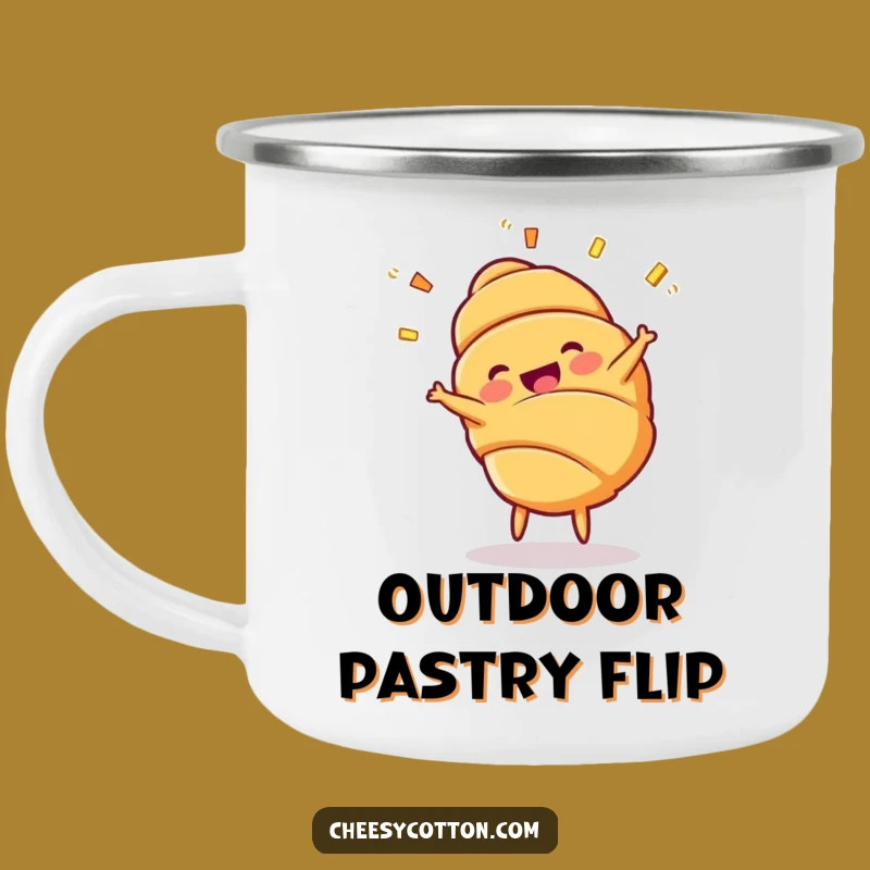Funny Croissant Cartwheel Camping Mug - Outdoor Fun & Hilarious Pastry Gift!