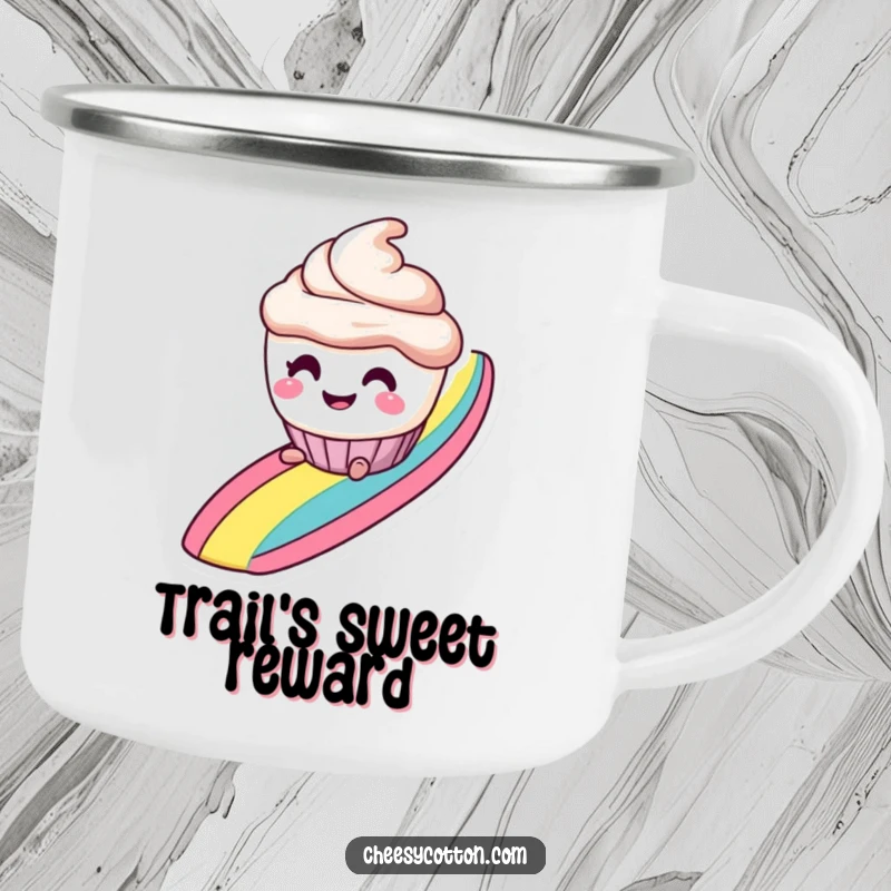 Funny camping mug with a smiling cupcake character with mischievous eyes, sliding down a rainbow, ready for outdoor treats.