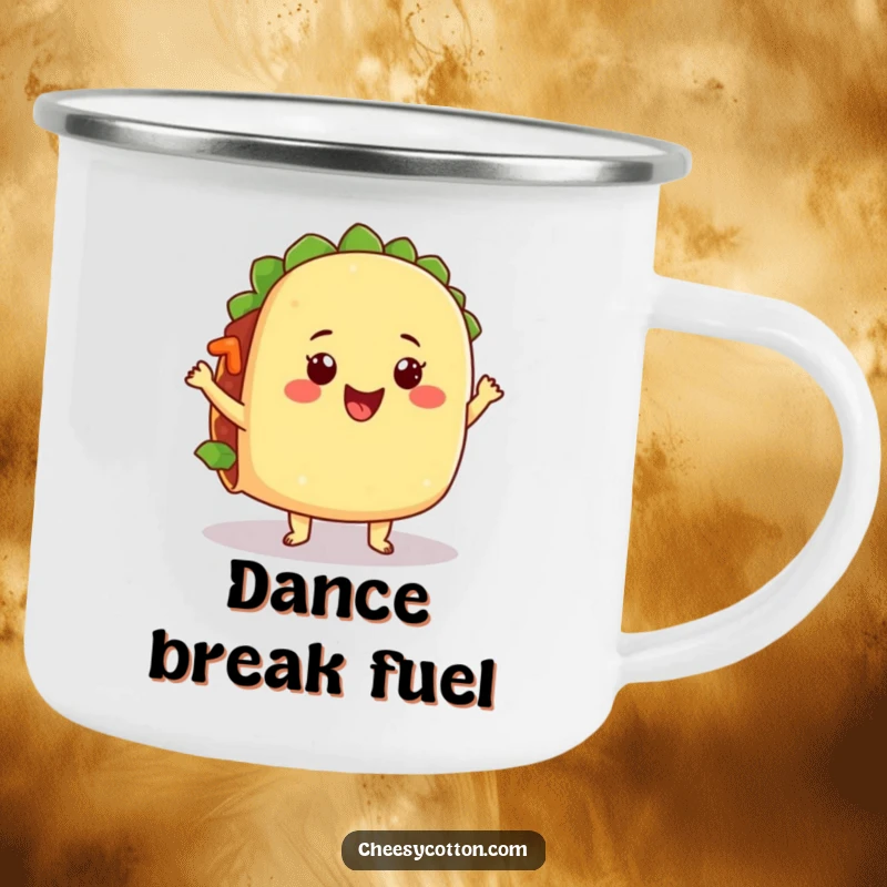 Funny camping mug featuring a happy taco character doing a silly dance, its filling jiggling, ready for outdoor fun.