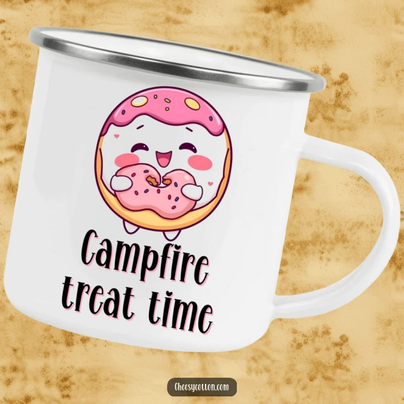Funny donut character sharing a donut, depicted on a sturdy camping mug for outdoor enjoyment.