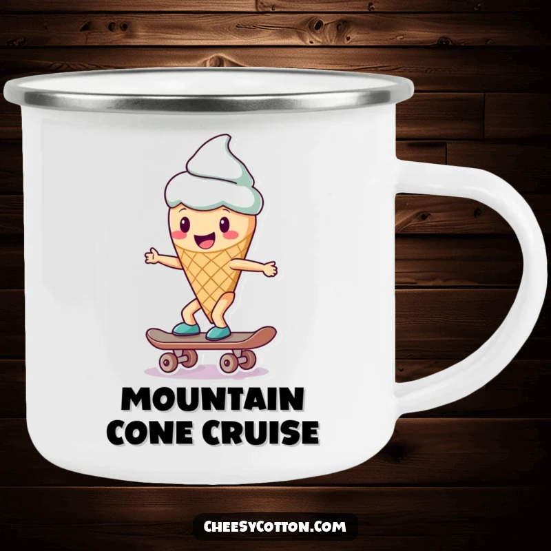 Funny ice cream cone character skateboarding, depicted on a sturdy camping mug for outdoor enjoyment.