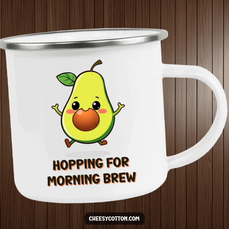 Funny Kawaii Avocado Camping Mug: A grinning, hopping avocado illustration on a sturdy mug for campfire cheer.