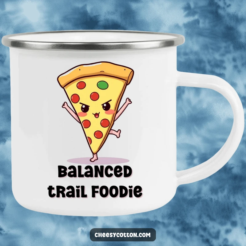 Funny kawaii pizza slice attempting a handstand on a durable camping mug, ready for ambition-fueled outdoor breaks.