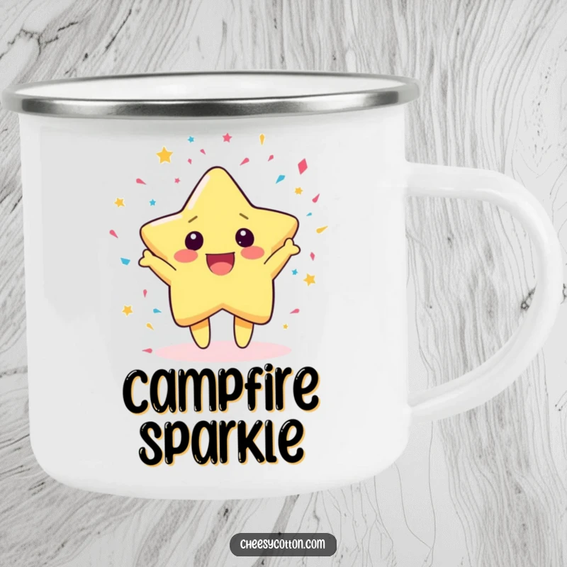 Funny Camping Mug with a cute kawaii star character gleefully throwing confetti, ready for festive outdoor moments.