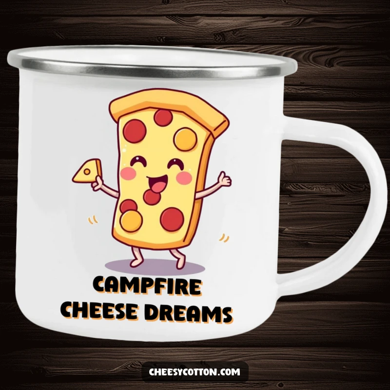 Funny kawaii pizza slice character dancing with cheese, on a rugged enamel camping mug, perfect funny gift.