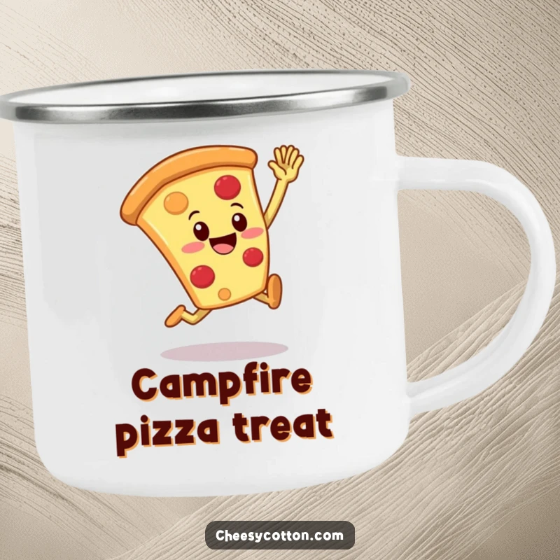 Funny pizza slice character leaping for a high five on a durable enamel camping mug, perfect for outdoor enjoyment.
