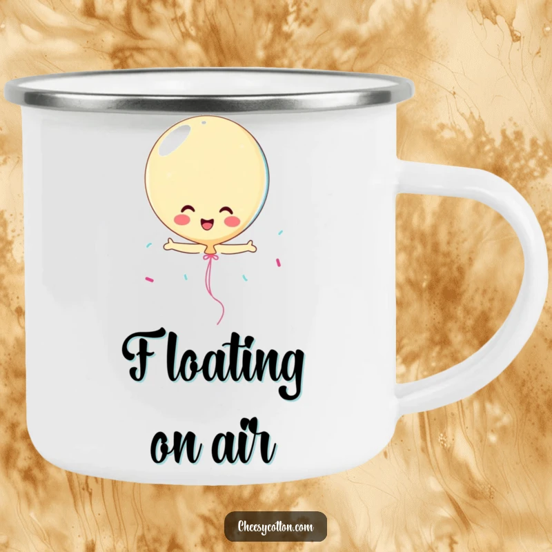 Funny playful balloon with streamers, a sturdy and humorous camping mug for cheerful outdoor trips.