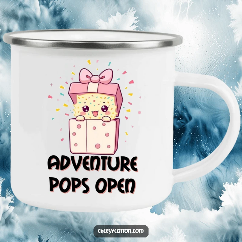 Funny Camping Mug featuring a present character dynamically bursting with confetti, designed for outdoor enjoyment and humor.