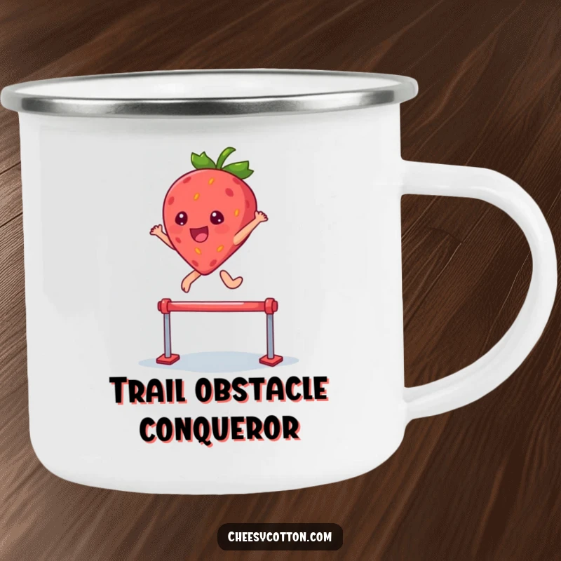 Funny camping mug with a kawaii strawberry character leaping over a hurdle, for adventurers who love determination and fun.