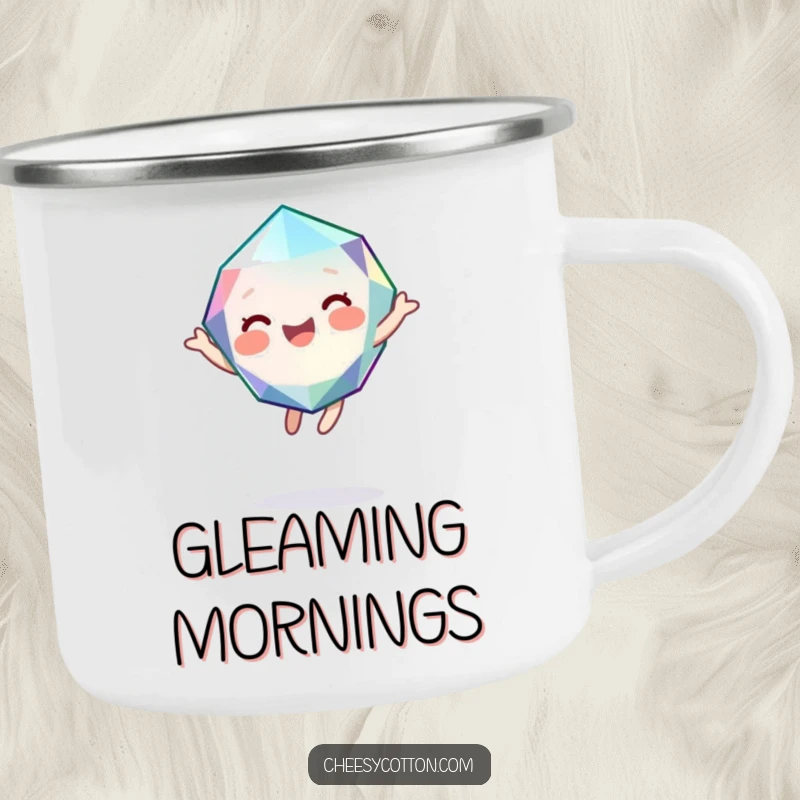 Funny enamel camping mug with a cute, giggling gemstone character bouncing with pure joy, perfect for outdoor adventures and smiles.