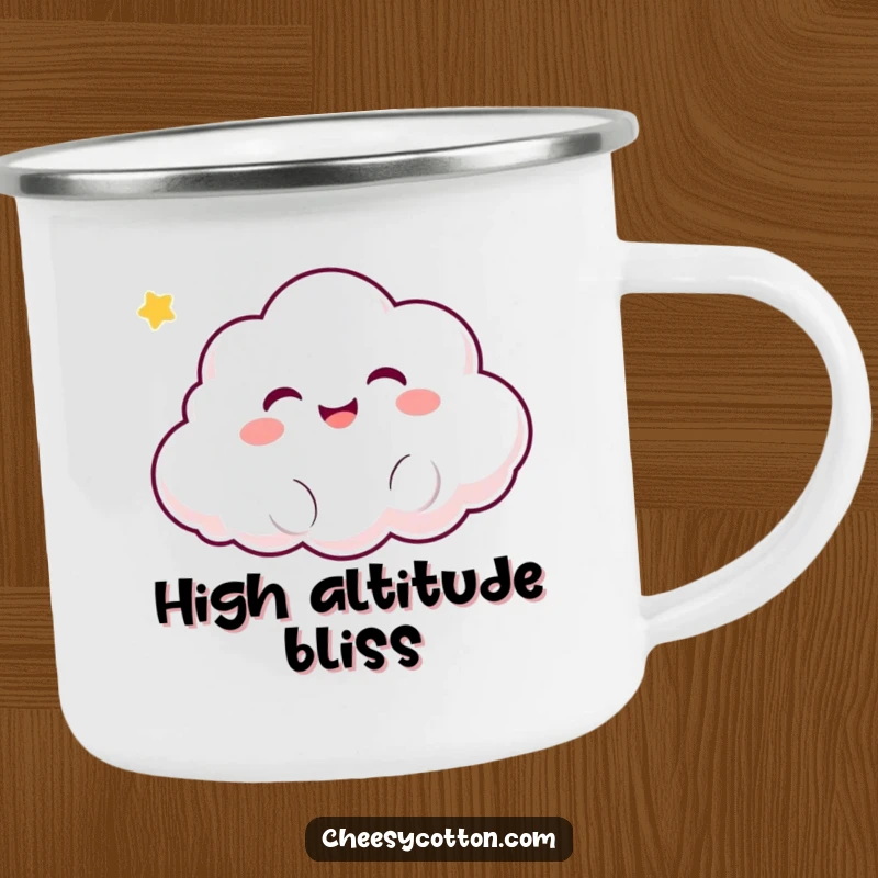 Funny Kawaii Cloud Camping Mug: A cute, giggling kawaii cloud character happily floating, perfect for enjoying drinks outdoors.