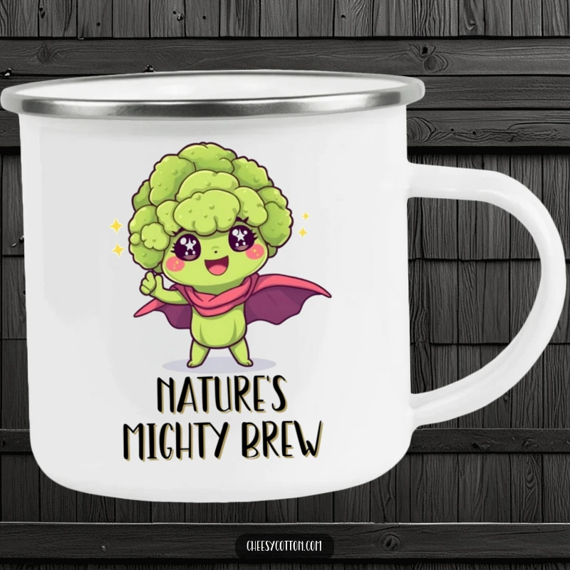 Funny Kawaii Broccoli Camping Mug: A sparkling broccoli floret in a superhero stance on a durable mug for adventurous heroes.
