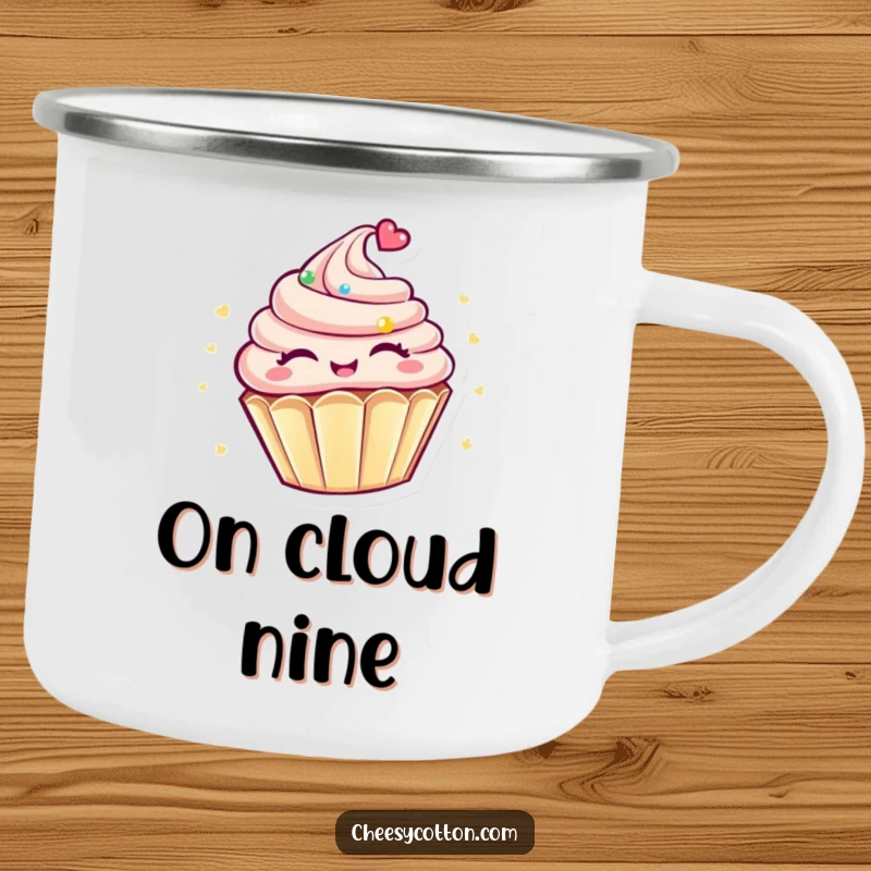 Funny Kawaii Cupcake Camping Mug: A cute, happy cupcake character spinning with eyes closed, perfect for enjoying drinks outdoors.