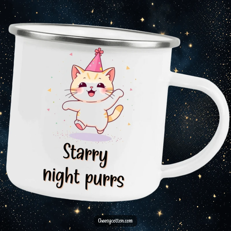 Funny camping mug with a Kawaii cat wearing a party hat, joyfully leaping through glitter, ready for outdoor cheer.