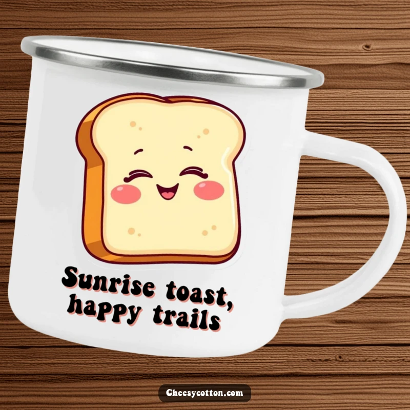 Funny Toast Camping Mug: A sturdy mug featuring a smiling toast character giving a wink, perfect for enjoying beverages outdoors with a smile.