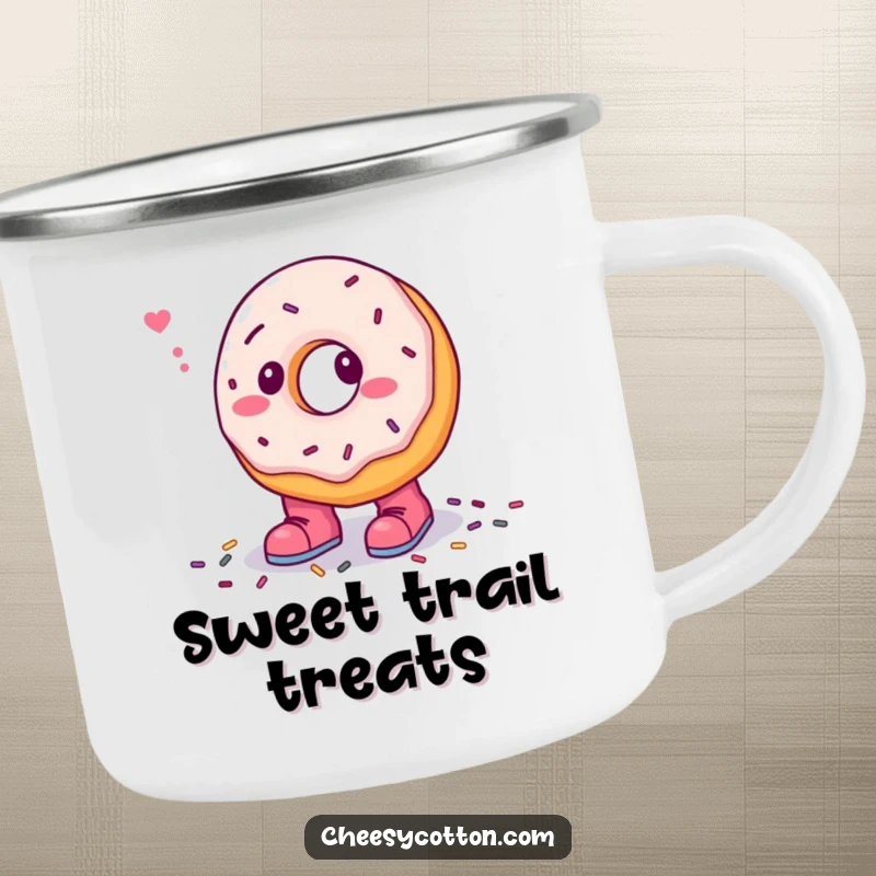 Funny camping mug with a confused donut character comically wearing tiny boots and stepping in sprinkles, built for outdoor fun and sweet enjoyment.