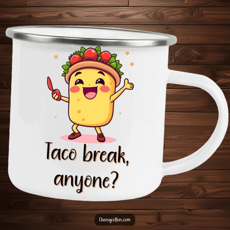 Funny camping mug showing a happy taco dancing with a chili pepper, perfect for outdoor fiesta adventures.