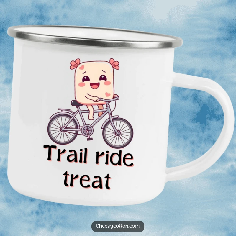 Funny Camping Mug: A candy on a tiny bicycle brings sweet, whimsical fun to outdoor drinks, perfect for charming adventures.