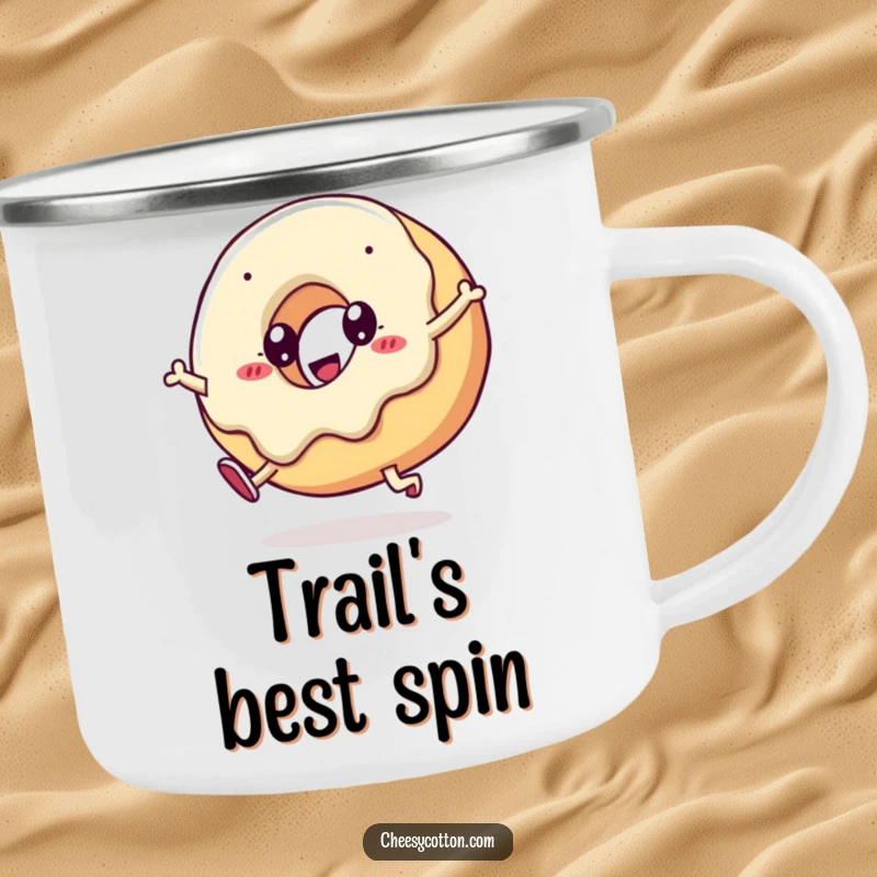 Funny kawaii doughnut performing a cartwheel on a durable camping mug, ready for any outdoor escapade.
