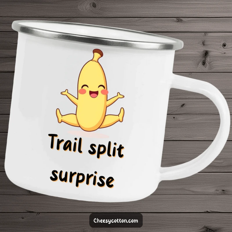 Funny camping mug featuring a smiling banana character in a playful split, ideal for outdoor enthusiasts with a sense of humor.