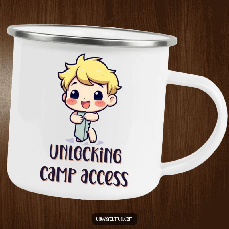 Funny enamel camping mug with a happy key character cheerfully turning itself, perfect for outdoor use and humorous enjoyment.