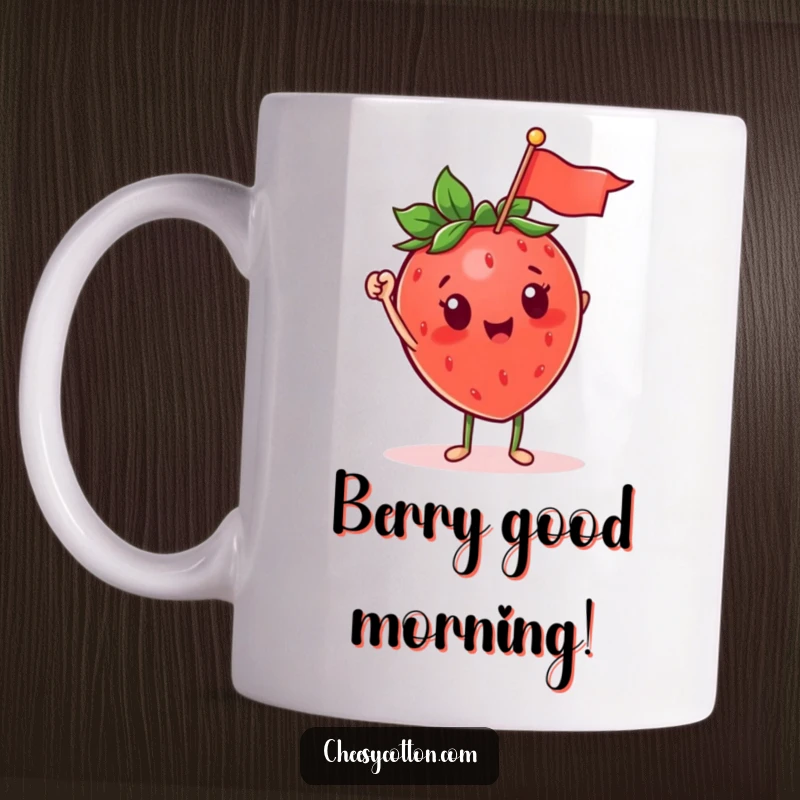 Funny strawberry character with big eyes enthusiastically waving a small flag on a ceramic mug, a cheerful gift.