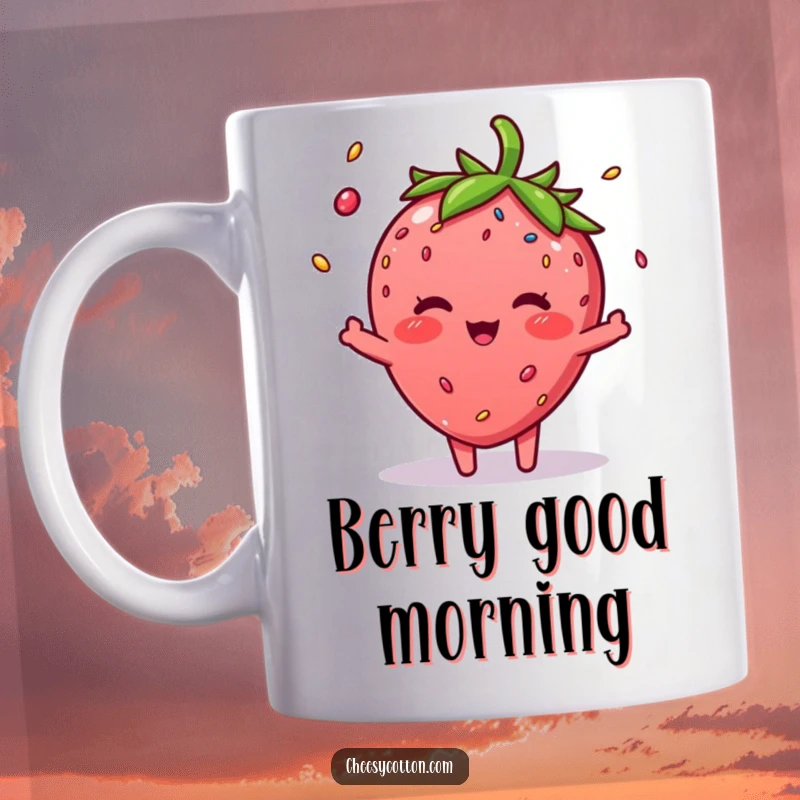 Funny Strawberry Sprinkle Mug: A blushing strawberry character expertly juggling three colorful sprinkles with delight.