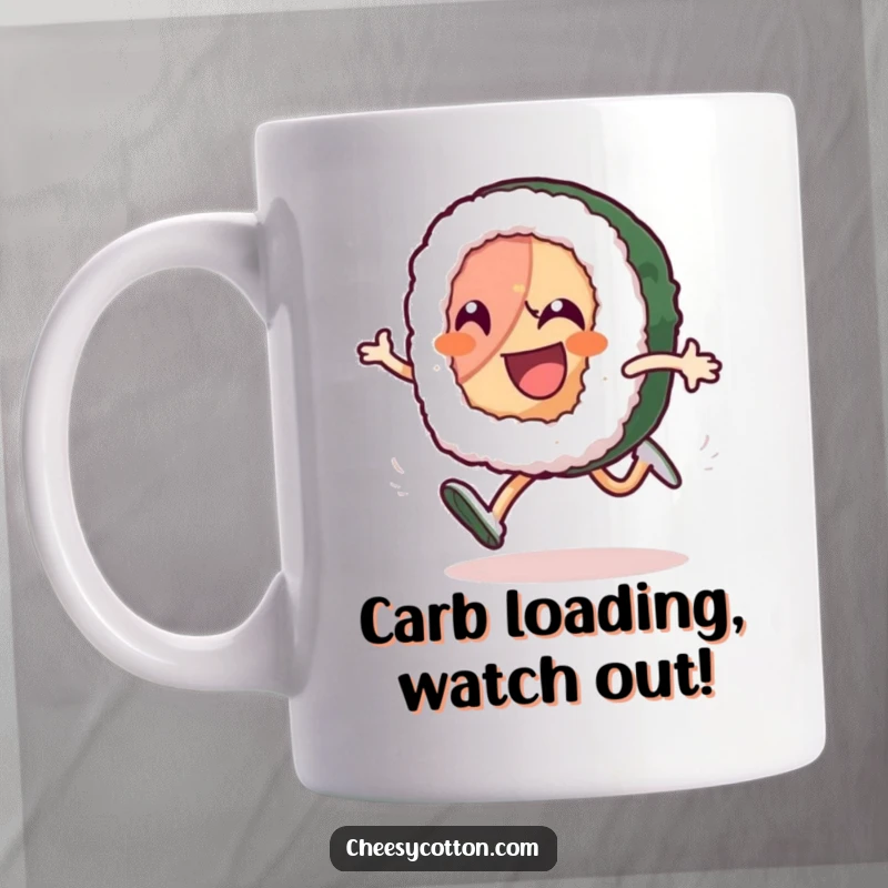 Funny sushi roll character in a high-knee run, showing pure joy and excitement, perfect for a funny mug gift.