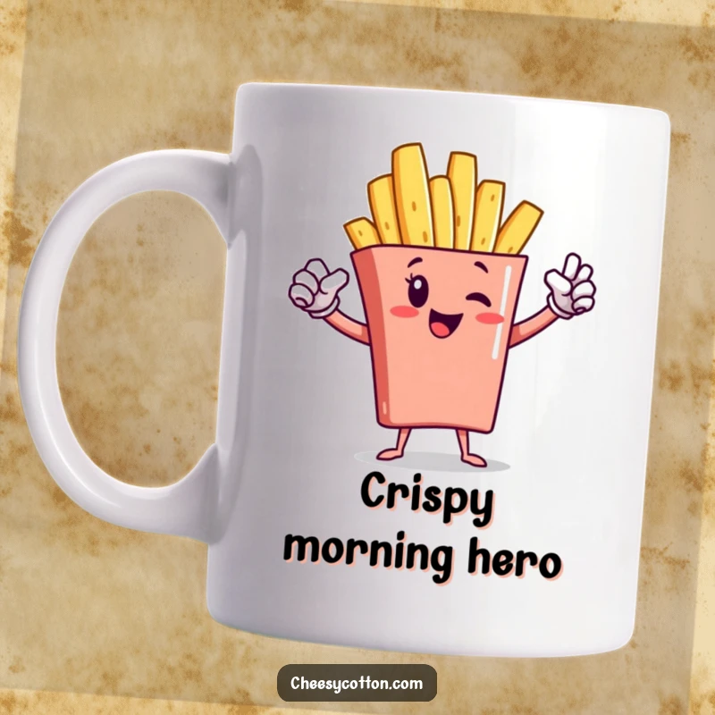 Funny french fry character striking a heroic superhero pose on a ceramic mug, a fun and heroic gift.