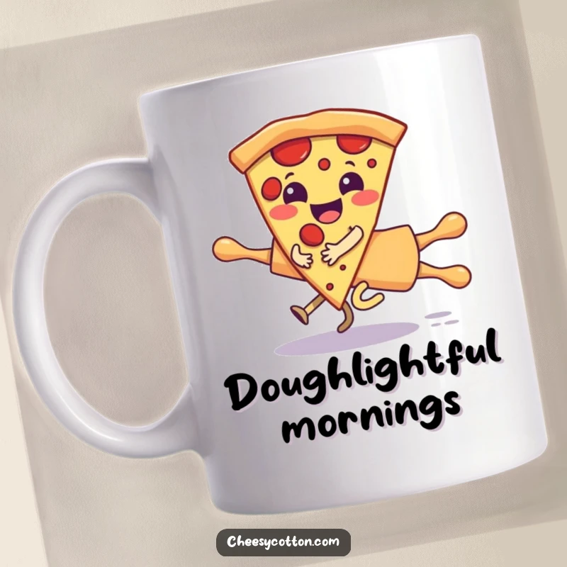 Funny mug featuring a giggling pizza slice character gleefully riding a runaway rolling pin, a hilarious scene of culinary delight and chaos.