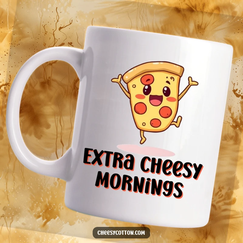 Funny mug showing a cheerful pizza slice character doing a cartwheel, embodying fun and a love for pizza.