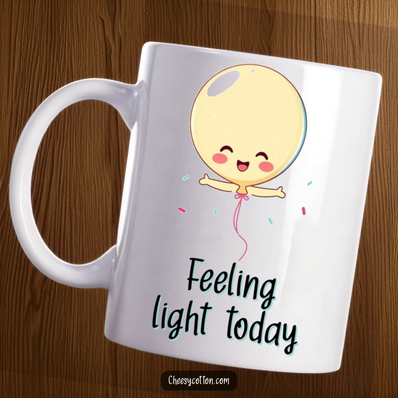 Funny playful balloon character bouncing happily with colorful streamers, a humorous and cheerful mug for celebrations.